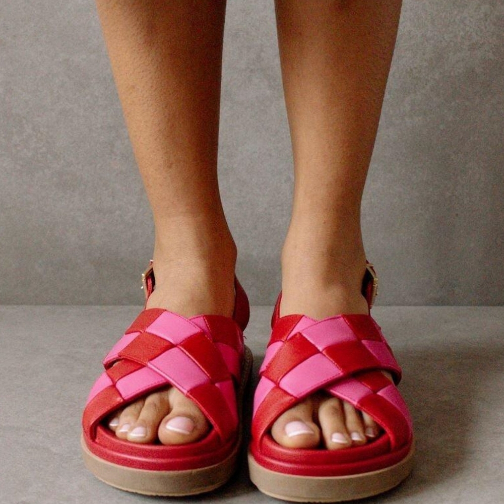 ALOHAS Pink and Red Woven Leather Sandals